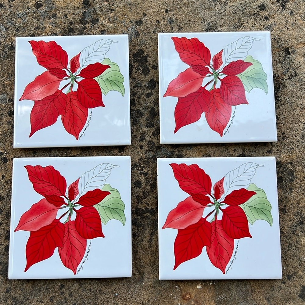 POINSETTIA 4 3/8" Ceramic Tile Coasters Set Of 4 Mary Lou Goertzen Christmas